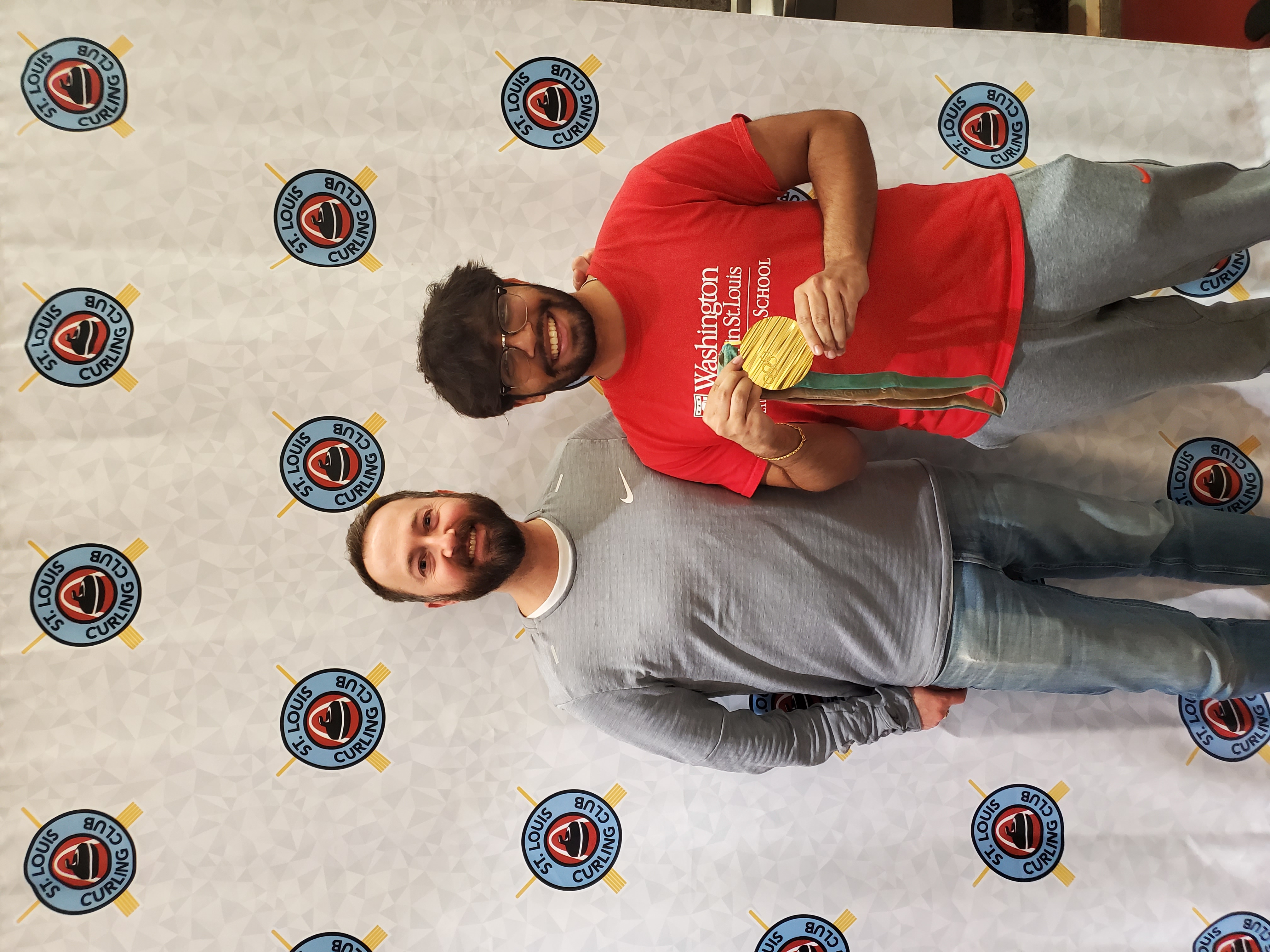 I started my high school curling team after watching USA win gold in the 2018 Winter Olympics. We ended up winning the St. Louis Championship two years in a row and represented the city of St. Louis in national curling tournaments (bonspiels). I also started the WashU Curling Club in 2021. Here is me with Olympic Gold Medalist Tyler George, one of the curlers on Team USA when they won gold in 2018